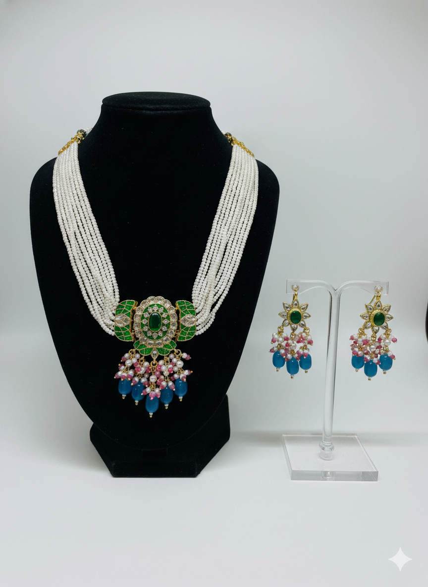 Emerald Pearl & Sapphire Drop Statement Necklace Set