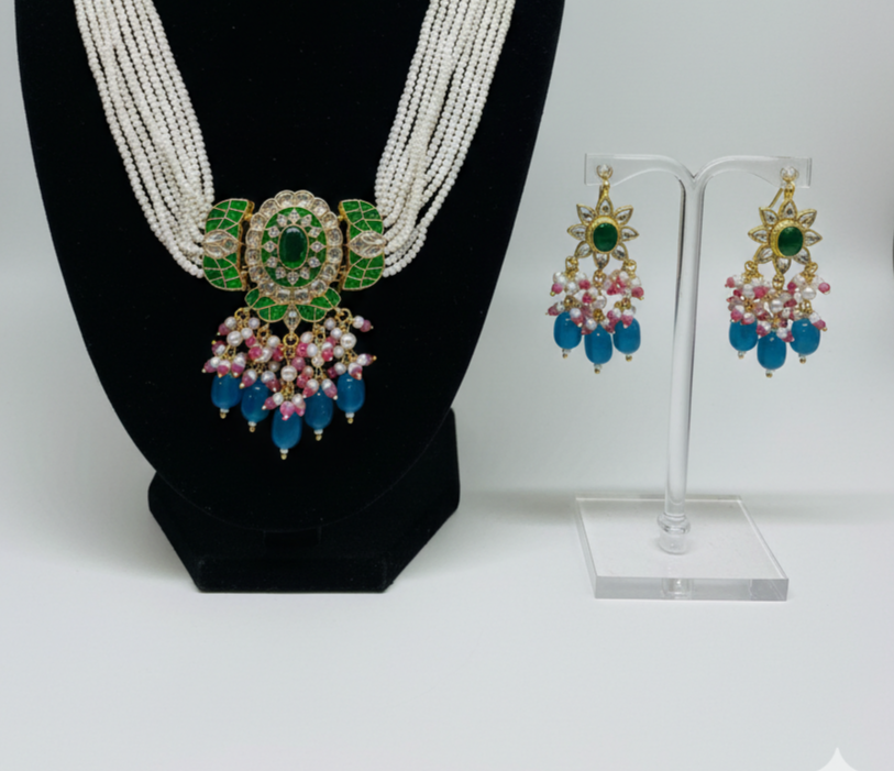 Emerald Pearl & Sapphire Drop Statement Necklace Set - Image 2