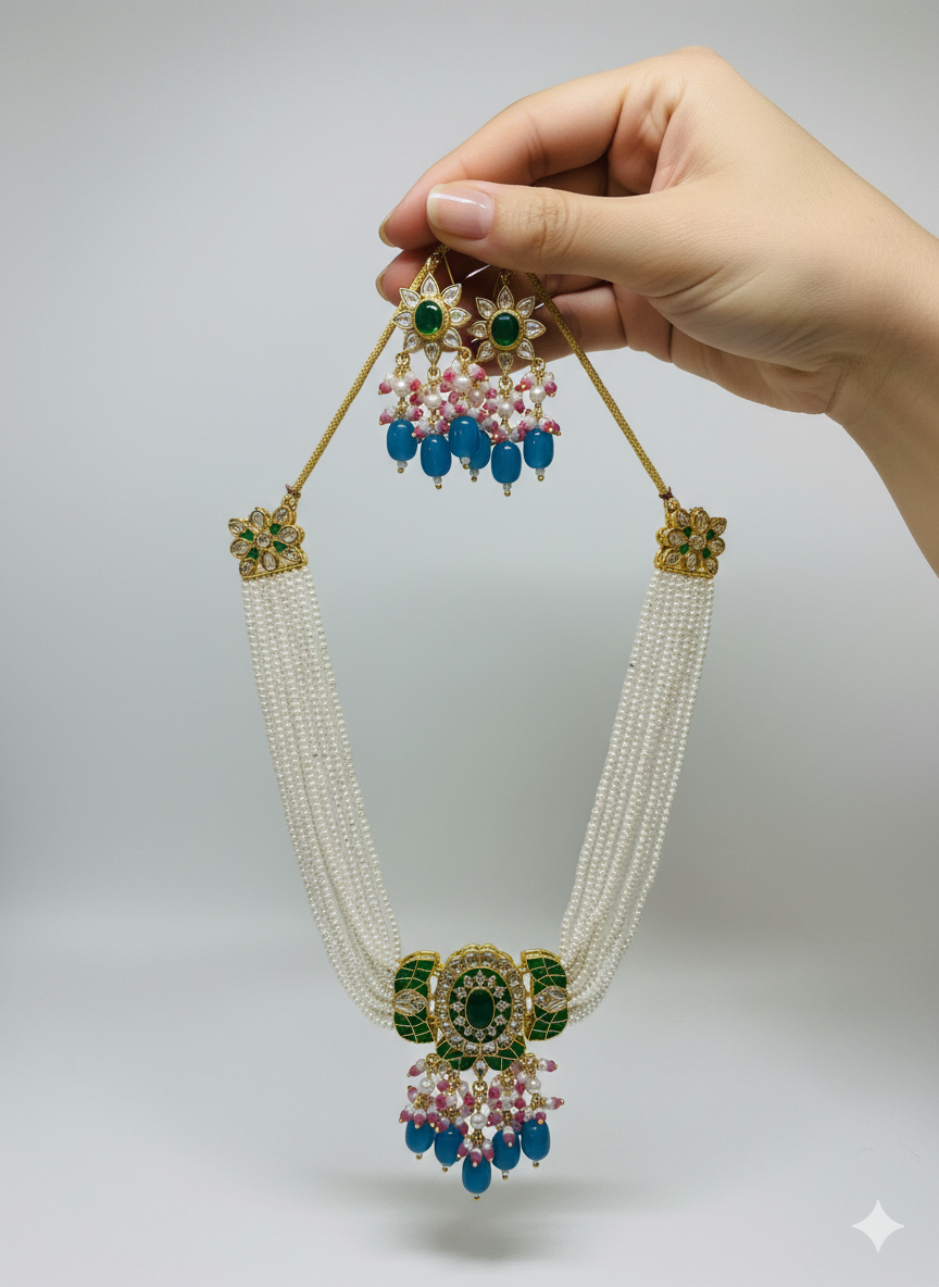 Emerald Pearl & Sapphire Drop Statement Necklace Set - Image 4