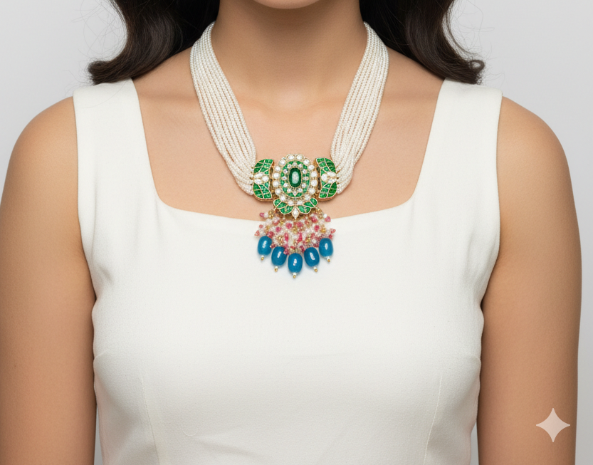 Emerald Pearl & Sapphire Drop Statement Necklace Set - Image 3