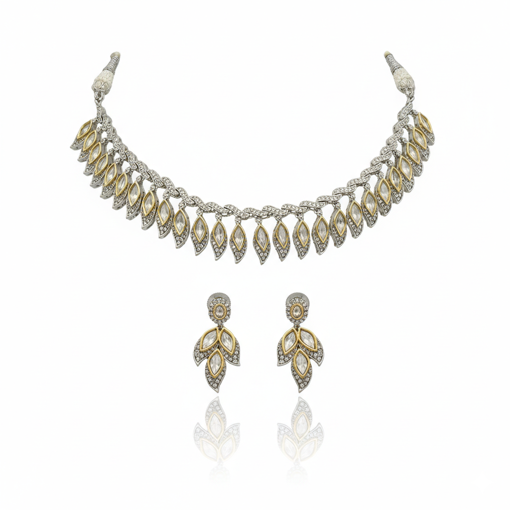 Regal Leaf Diamond-Style Necklace & Earring Set - Image 4