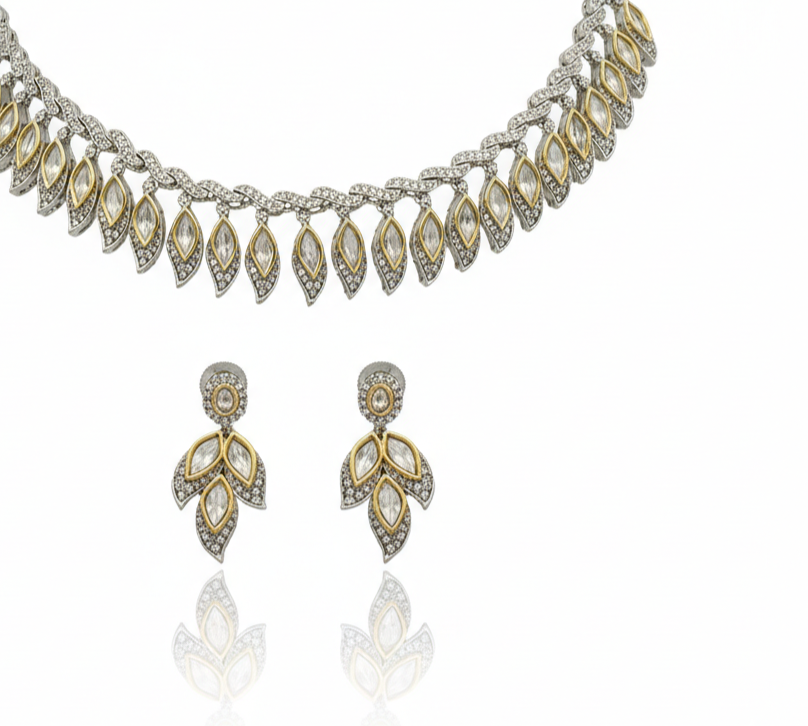 Regal Leaf Diamond-Style Necklace & Earring Set - Image 3