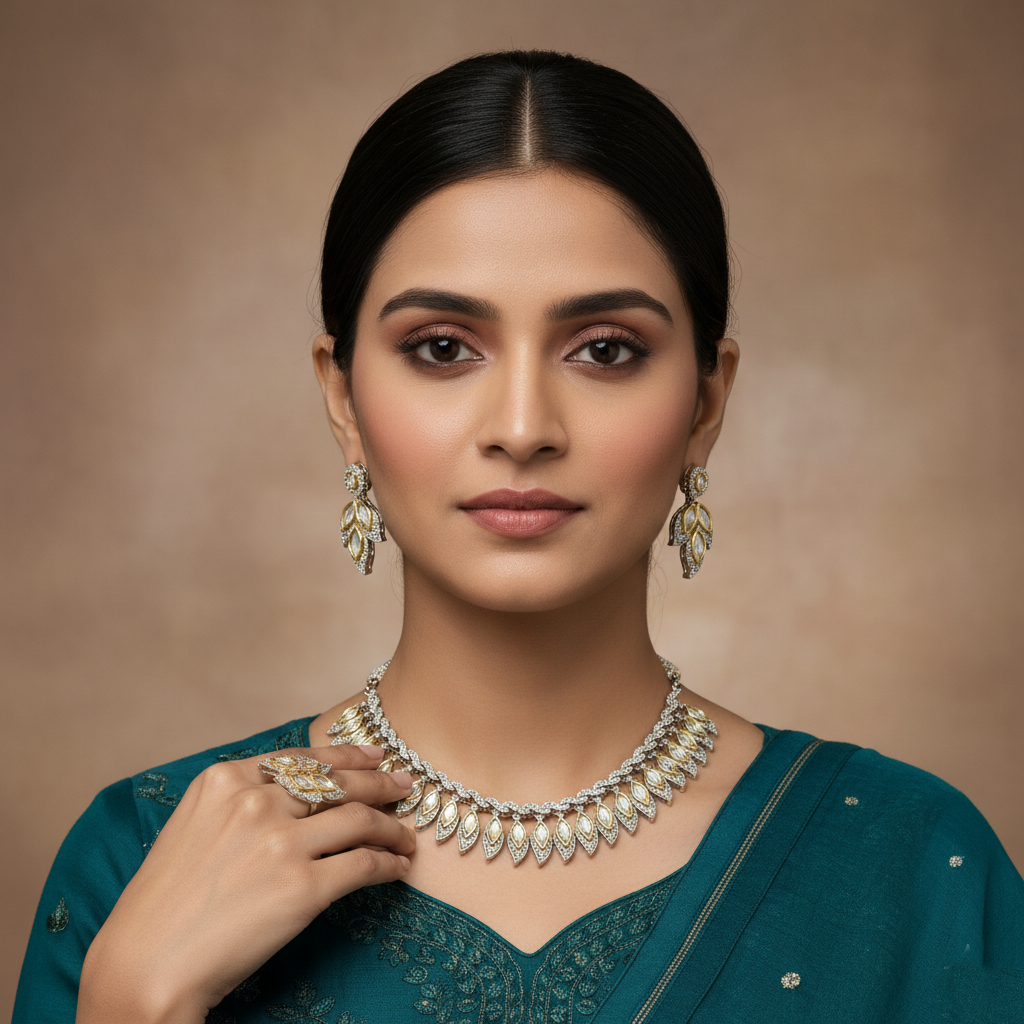 Regal Leaf Diamond-Style Necklace & Earring Set - Image 2