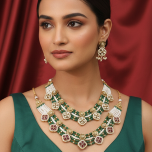 Royal Emerald & Ruby Floral Layered Bridal Necklace Set