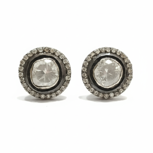 Vintage Polki Halo Stud Earrings in Oxidized Finish