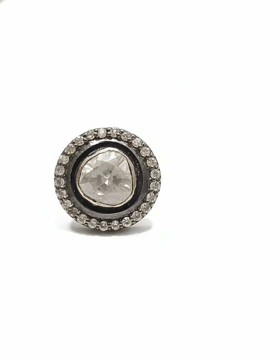 Vintage Polki Halo Stud Earrings in Oxidized Finish - Image 3