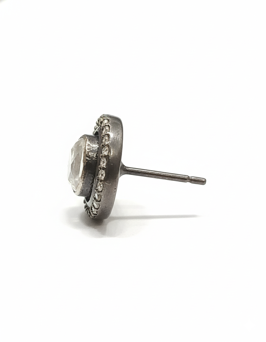 Vintage Polki Halo Stud Earrings in Oxidized Finish - Image 4