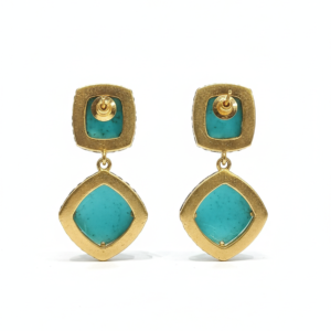 Turquoise Carved Stone Drop Earrings with Diamond-Style Halo