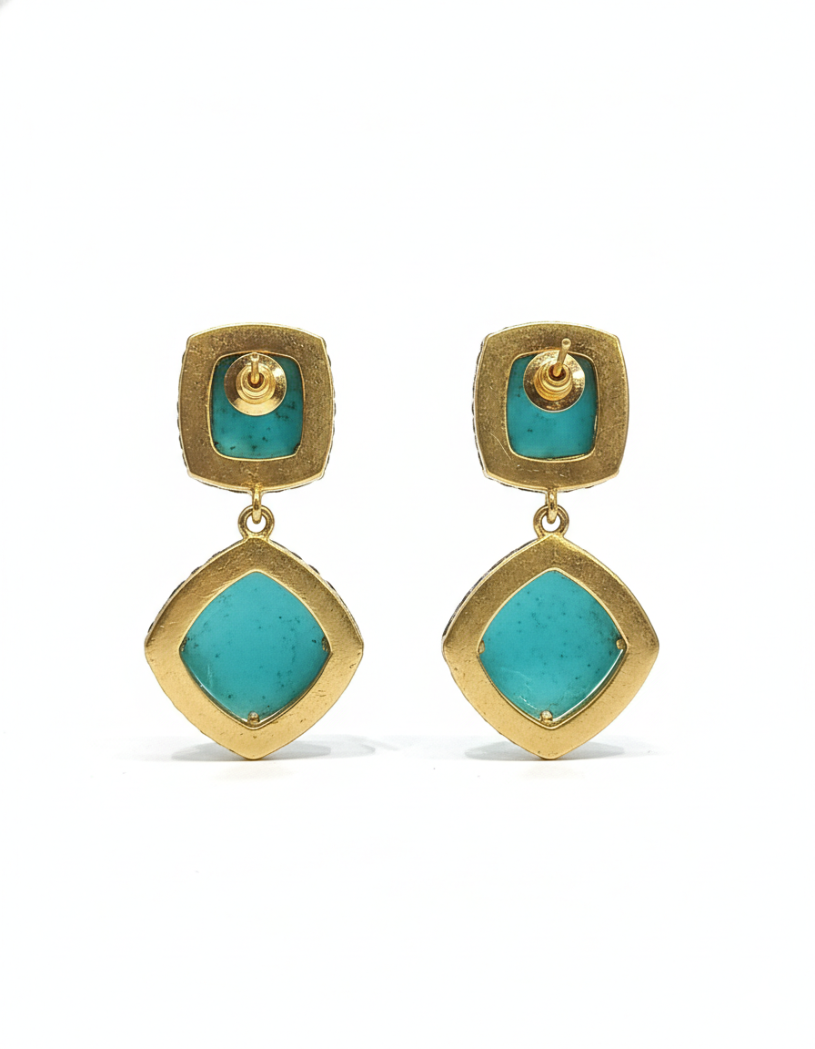 Turquoise Carved Stone Drop Earrings with Diamond-Style Halo - Image 2