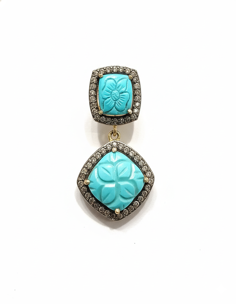 Turquoise Carved Stone Drop Earrings with Diamond-Style Halo - Image 3