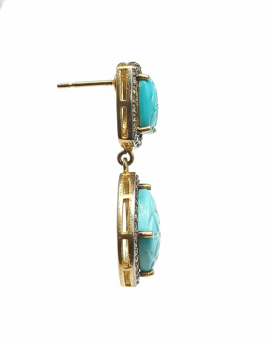 Turquoise Carved Stone Drop Earrings with Diamond-Style Halo - Image 4
