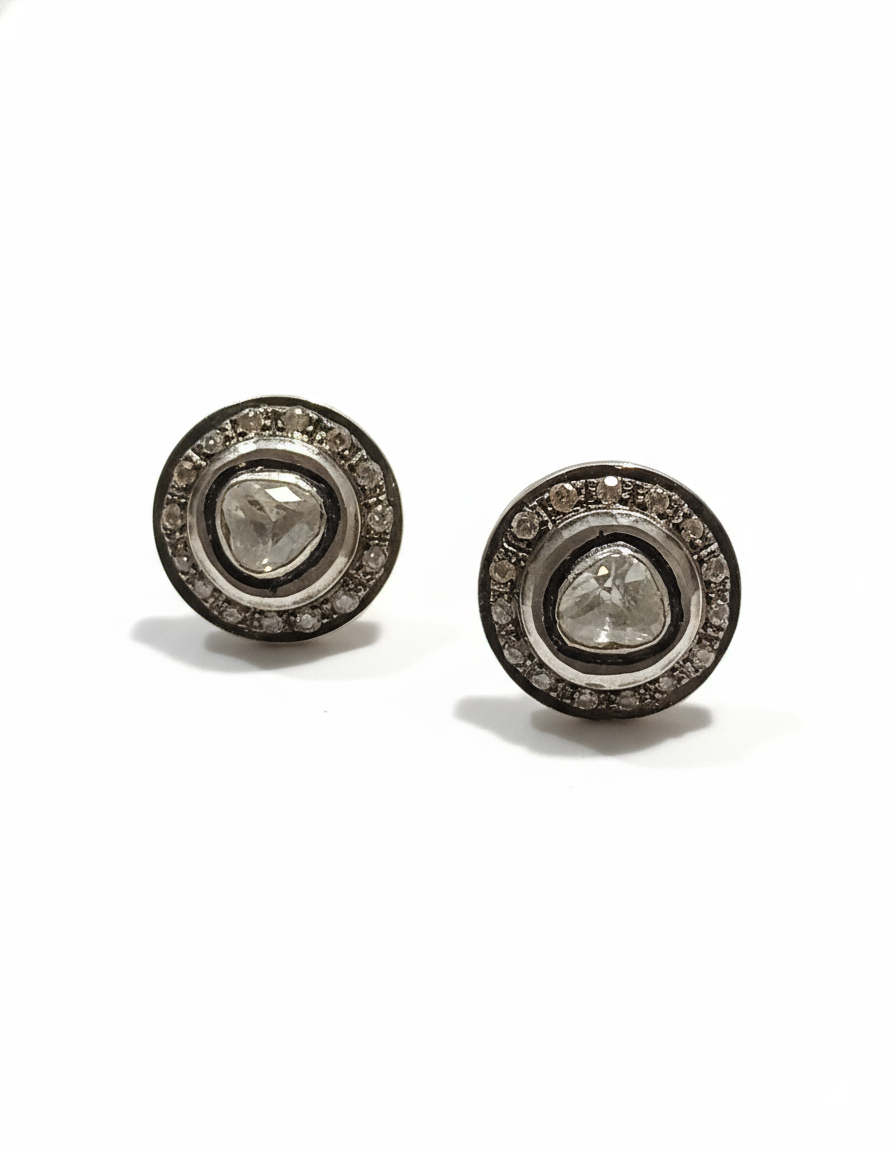 Polki-Inspired Round Stud Earrings with Antique Halo - Image 2