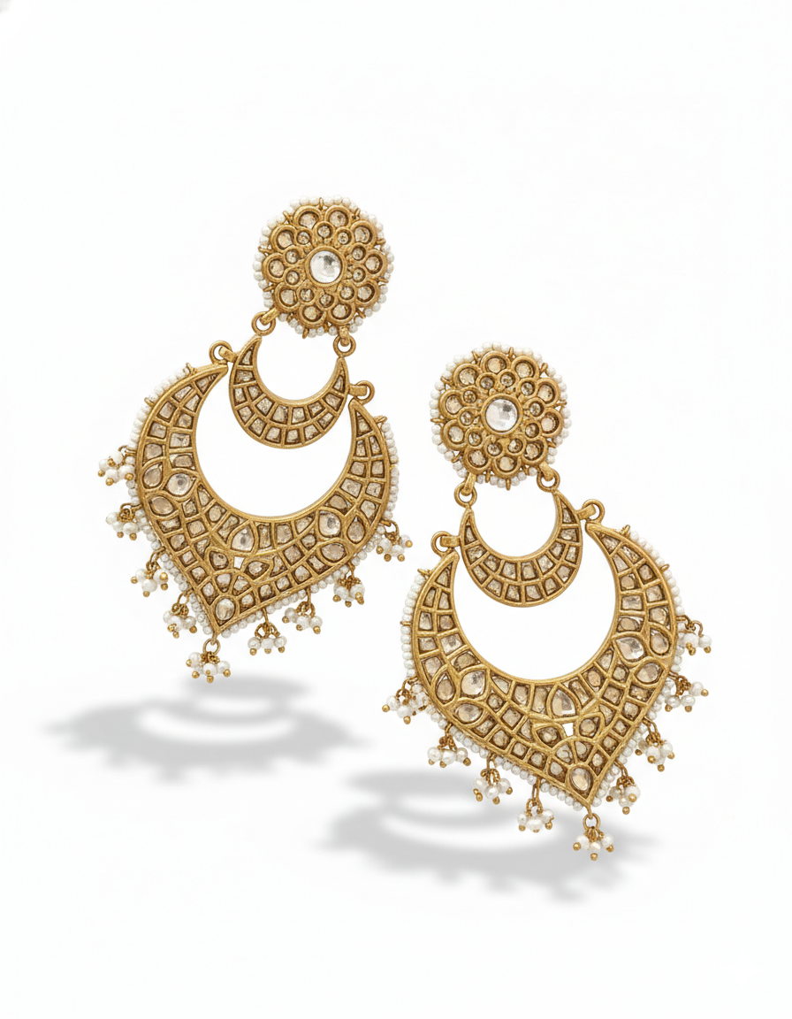 Traditional Kundan Chandbali Earrings with Pearl Drops - Image 2