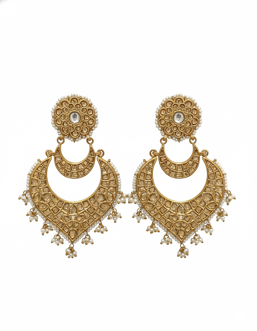 Traditional Kundan Chandbali Earrings with Pearl Drops