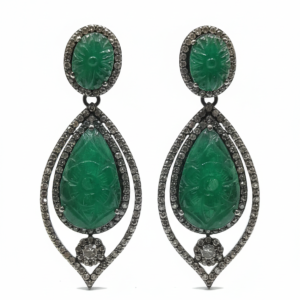 Carved Green Stone Drop Earrings with Antique Diamond Halo