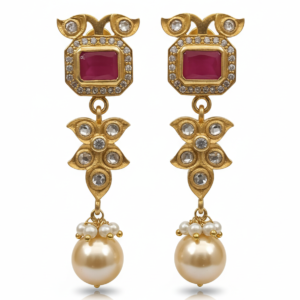 Ruby Kundan Drop Earrings with Polki Accents & Pearl Finish