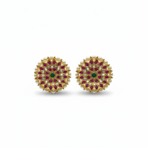Traditional Kundan Floral Stud Earrings with Ruby Accents & Pearl Border