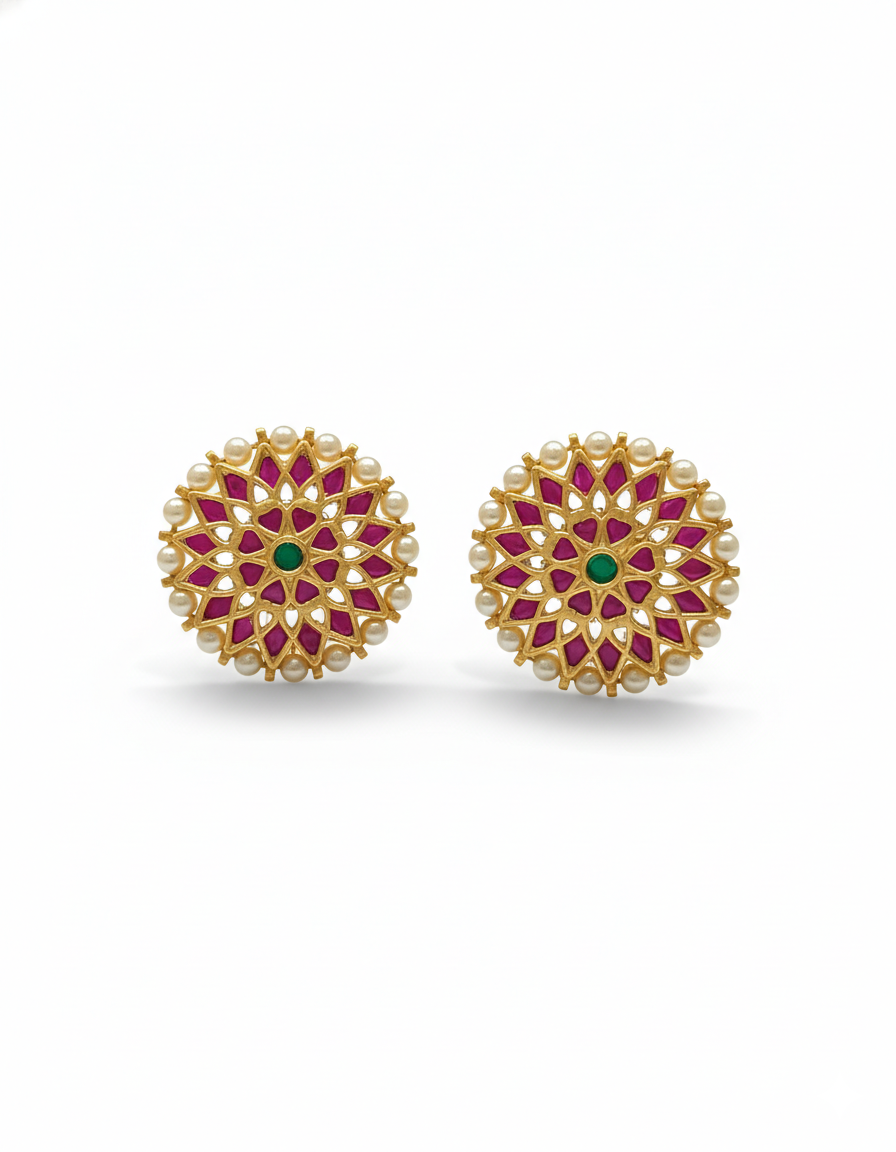 Traditional Kundan Floral Stud Earrings with Ruby Accents & Pearl Border - Image 4