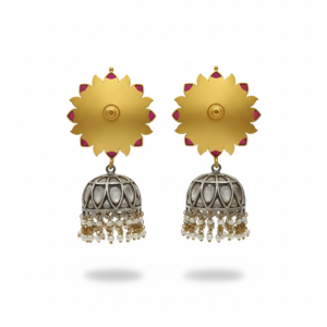 Floral Kundan Jhumka Earrings with Ruby Motifs & Pearl Drops
