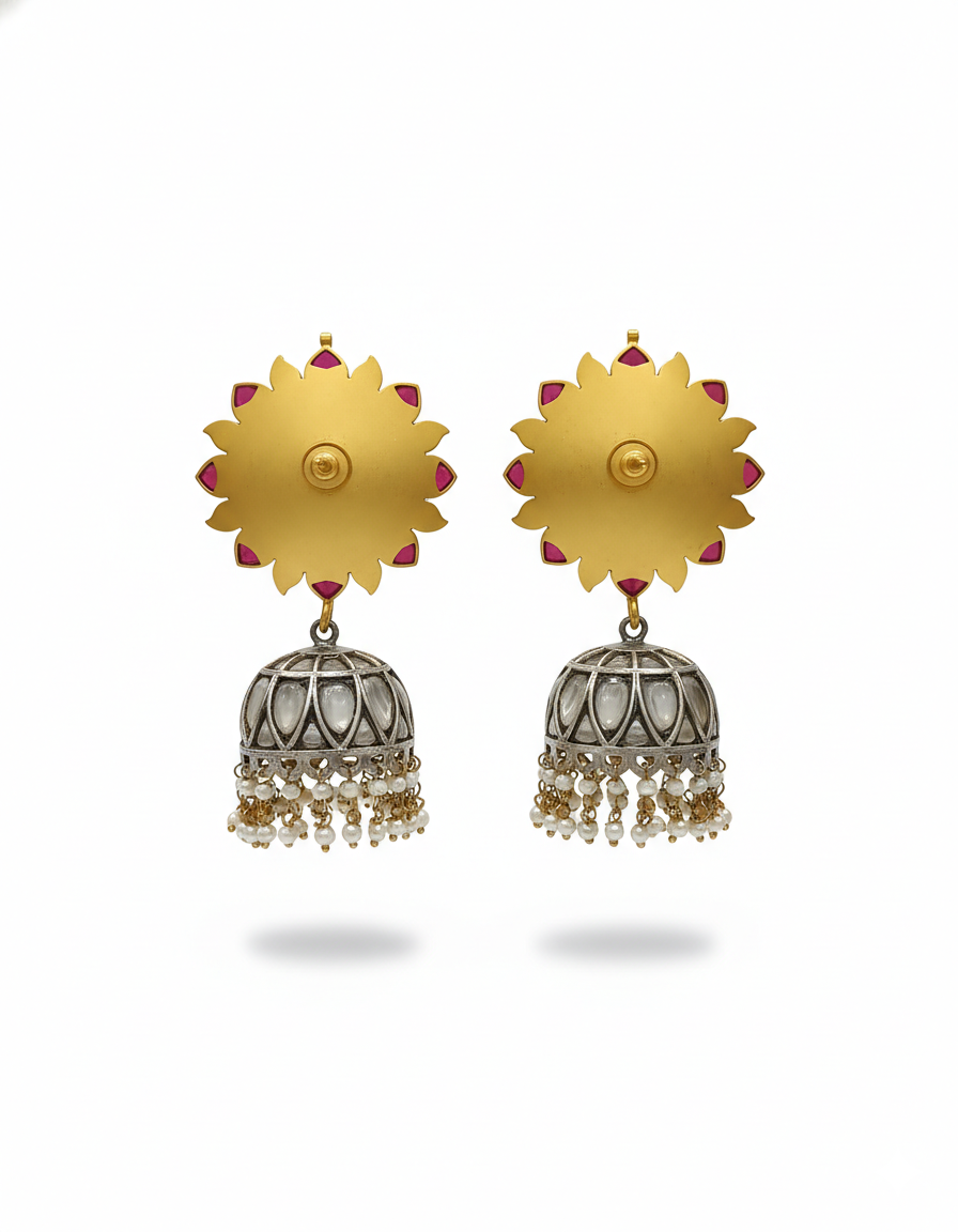Floral Kundan Jhumka Earrings with Ruby Motifs & Pearl Drops - Image 2