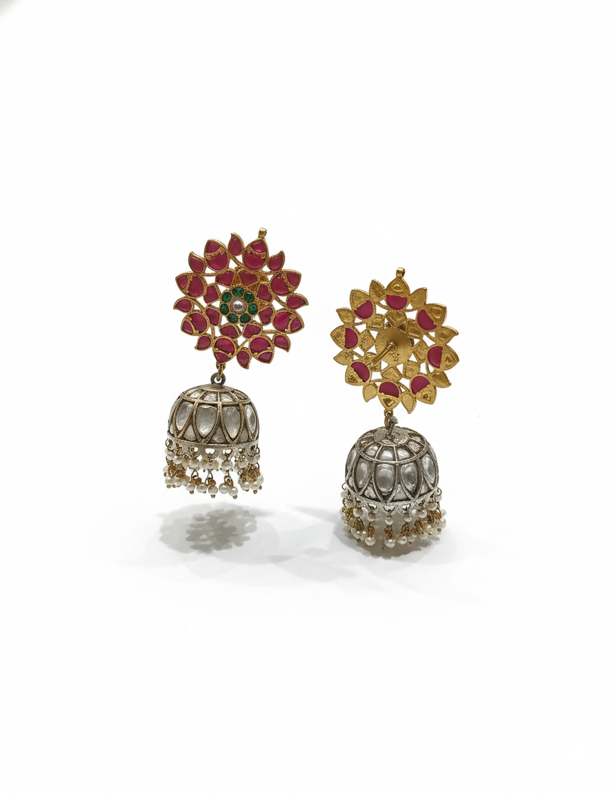 Floral Kundan Jhumka Earrings with Ruby Motifs & Pearl Drops - Image 3