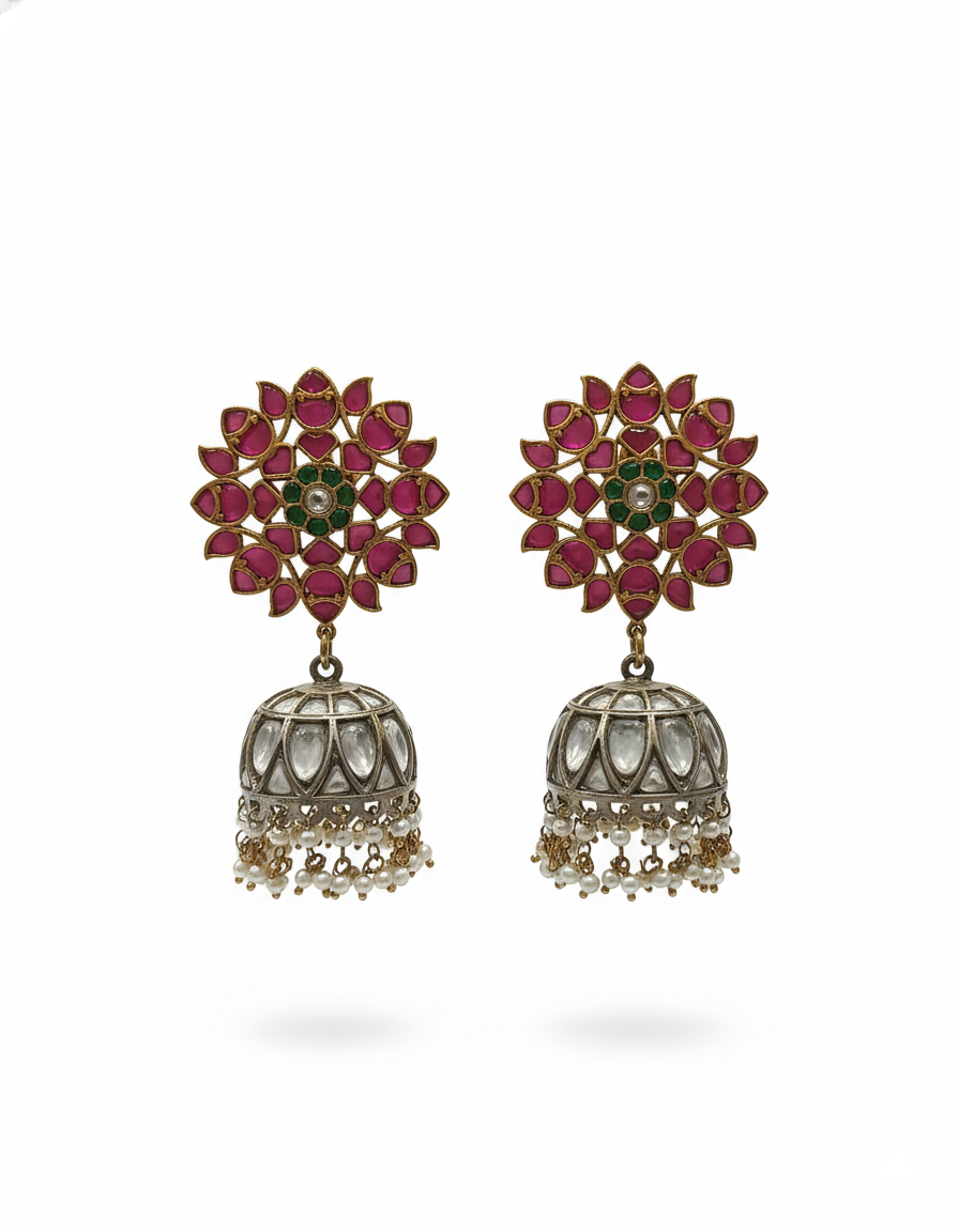 Floral Kundan Jhumka Earrings with Ruby Motifs & Pearl Drops