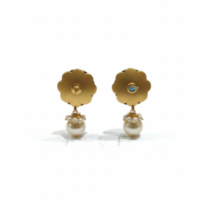 Royal Heritage Gold Floral Stud Earrings with Ruby Accents & Pearl Drop