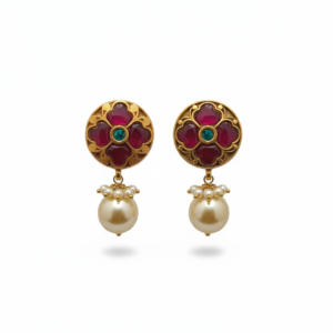 Royal Heritage Gold Floral Stud Earrings with Ruby Accents & Pearl Drop
