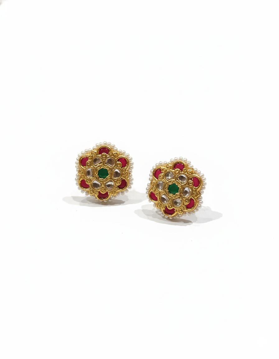 Regal Floral Kundan Studs with Pearl Border - Image 4