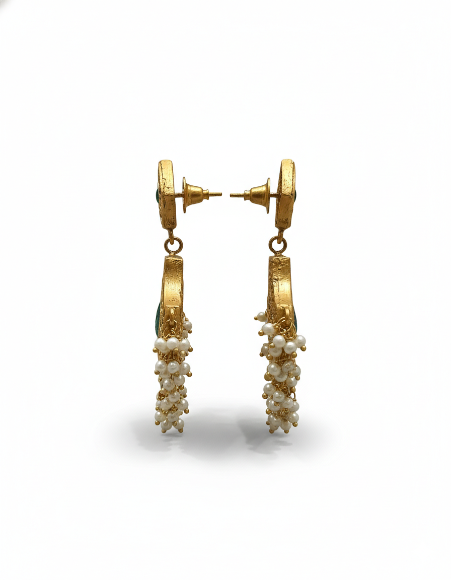 Ornate Fan-Shaped Kundan & Emerald Statement Drops - Image 2