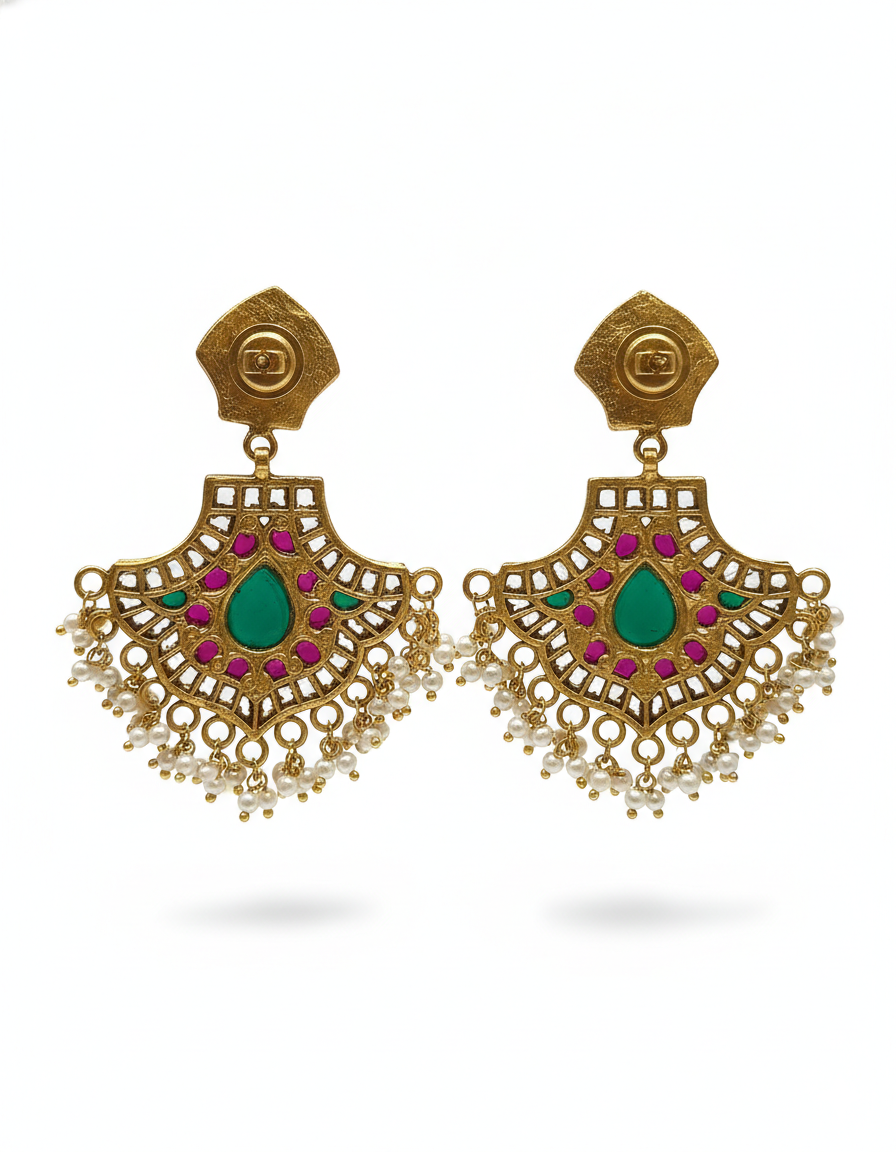 Ornate Fan-Shaped Kundan & Emerald Statement Drops - Image 3
