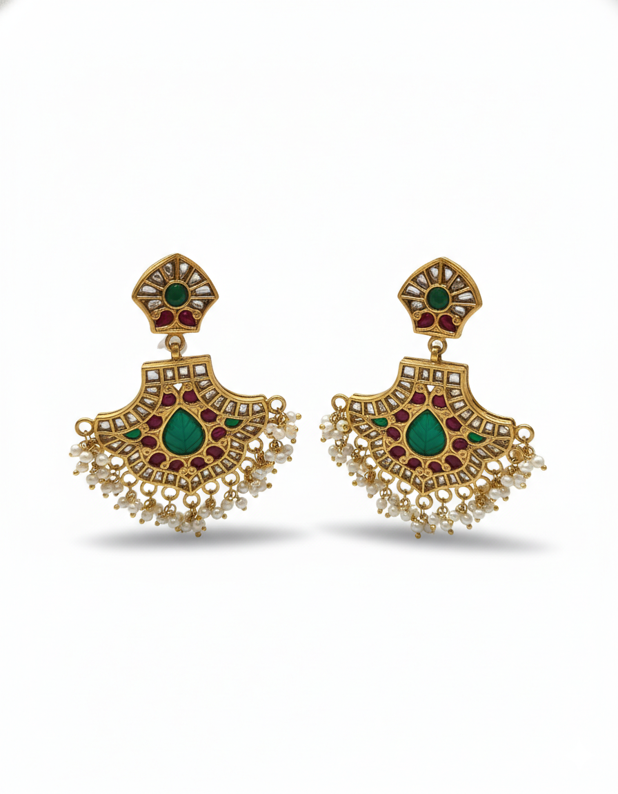 Ornate Fan-Shaped Kundan & Emerald Statement Drops - Image 4