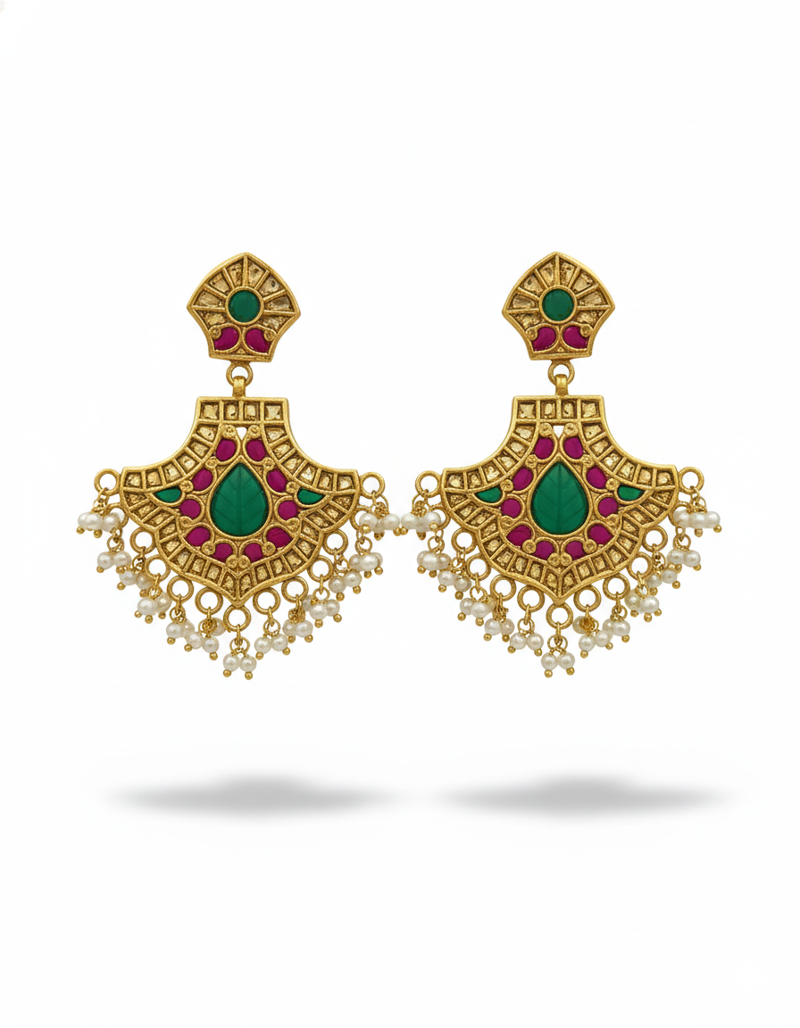 Ornate Fan-Shaped Kundan & Emerald Statement Drops