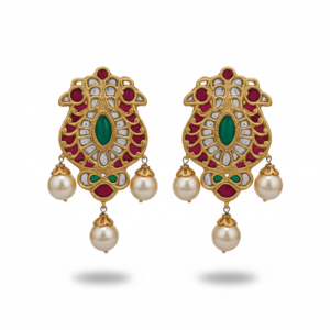 Imperial Shield Kundan Drops with Triple Pearl Accents