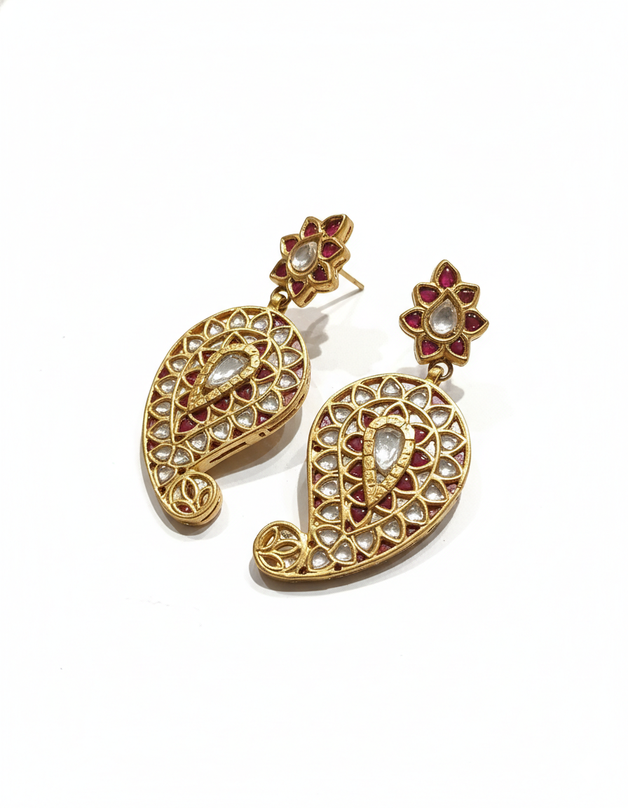 Vogue Paisley Kundan Drops with Ruby Floral Accents - Image 2