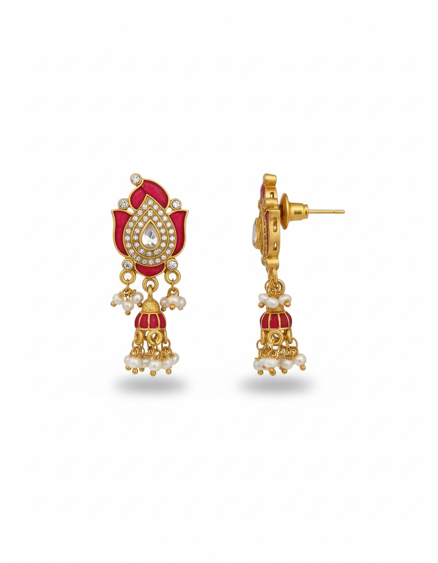 Royal Red Meenakari Pearl Drop Gold Earrings - Image 4