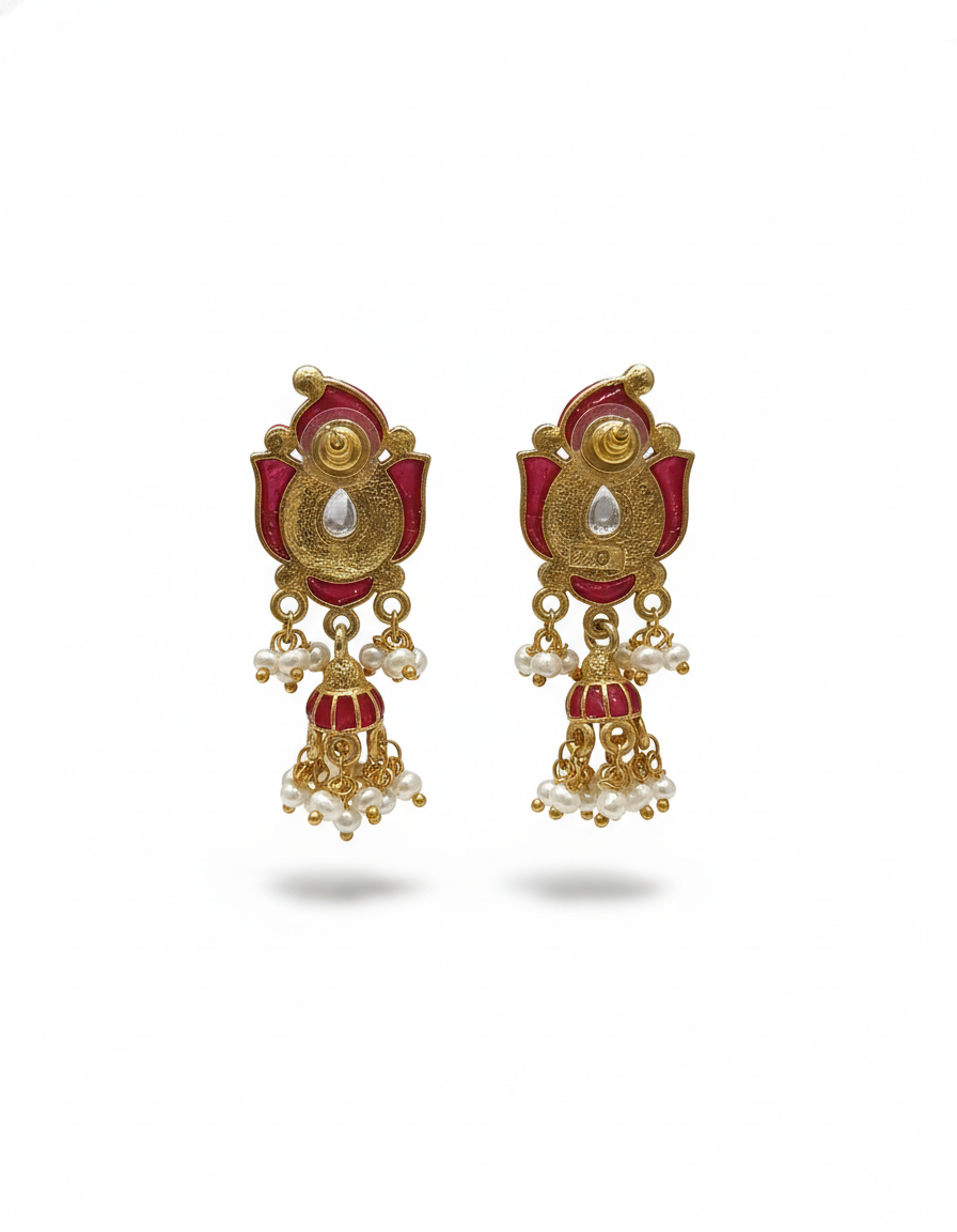Royal Red Meenakari Pearl Drop Gold Earrings - Image 3