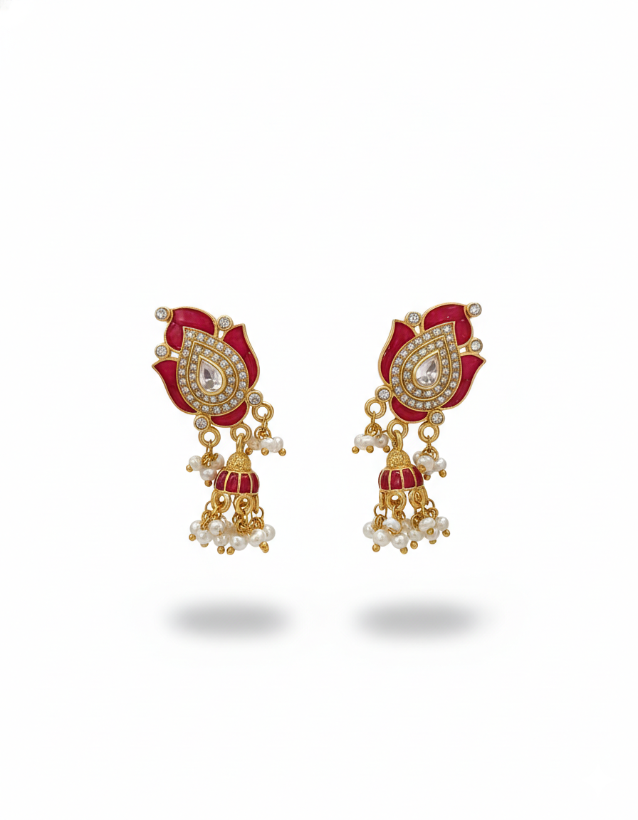 Royal Red Meenakari Pearl Drop Gold Earrings - Image 2
