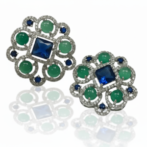 Exquisite Rhodium-Finished Floral Stud Earrings with Blue Sapphire & Emerald-Green Cabochons