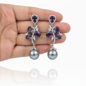 Amethyst Floral & Tahitian Pearl Drop Earrings