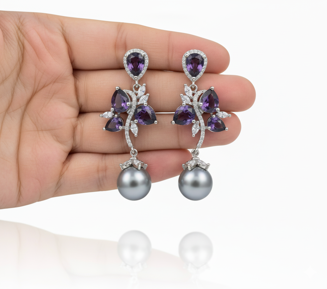 Amethyst Floral & Tahitian Pearl Drop Earrings - Image 2