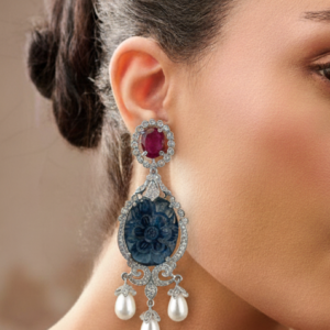 Carved Sapphire & Ruby Victorian Drop Earrings