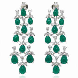 Regal Emerald-Green Pear-Cut Drop Chandelier Earrings in Rhodium Finish with Sparkling Crystal Accents