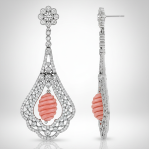 Art Deco Diamond & Carved Coral Teardrop Earrings