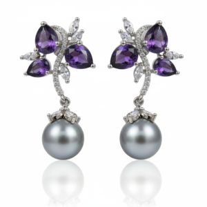 Amethyst Floral & Tahitian Pearl Drop Earrings