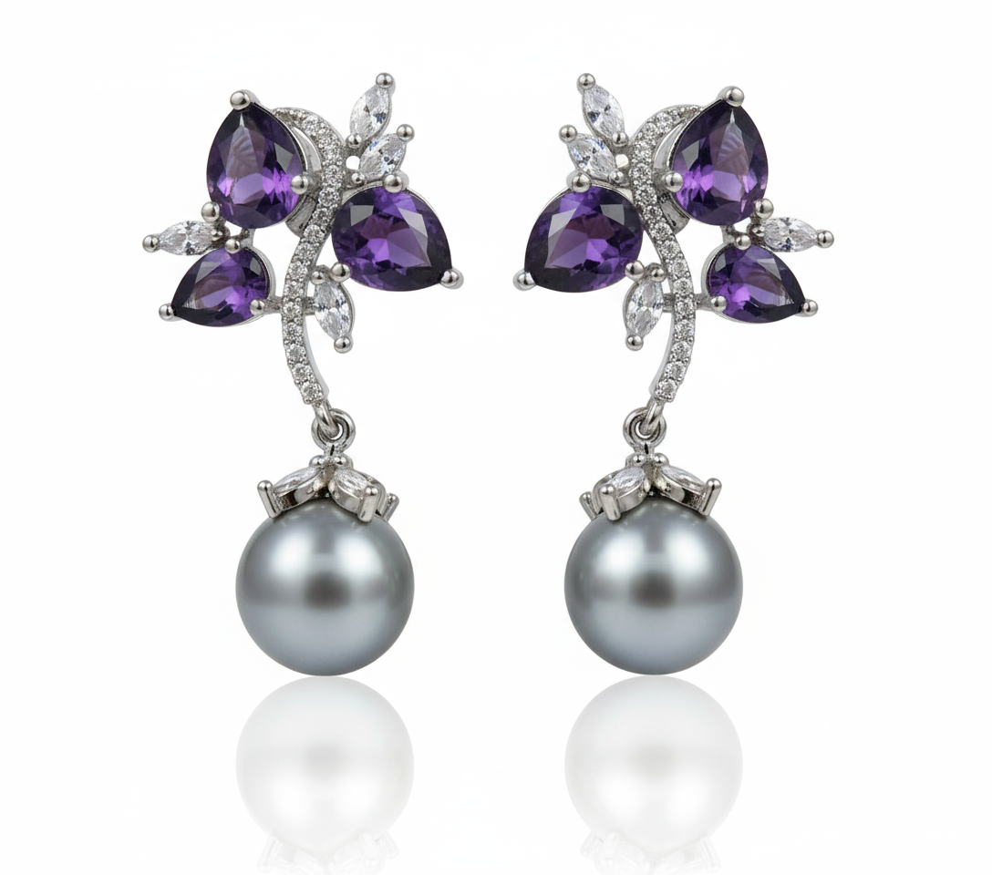 Amethyst Floral & Tahitian Pearl Drop Earrings
