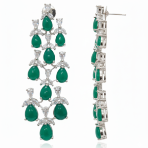 Regal Emerald-Green Pear-Cut Drop Chandelier Earrings in Rhodium Finish with Sparkling Crystal Accents