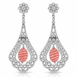 Art Deco Diamond & Carved Coral Teardrop Earrings
