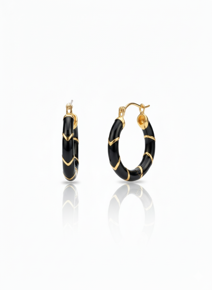 Bold Chevron Black Enamel & Gold-Plated Hoop Earrings - Image 2