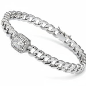 Cushion-Cut Diamond Halo Cuban Link Bracelet